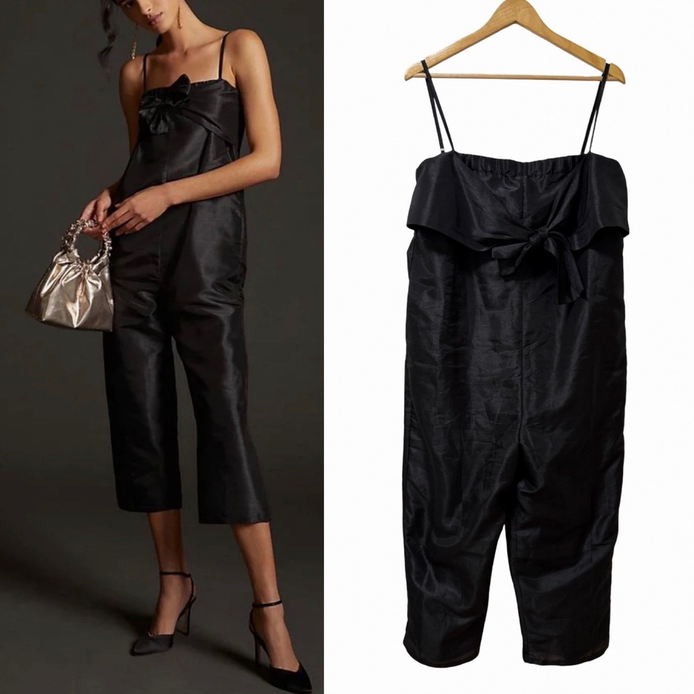 Anthropologie Hutch Satin Bow Tie Sleeveless Cropped Jumpsuit Size L Black NWT
